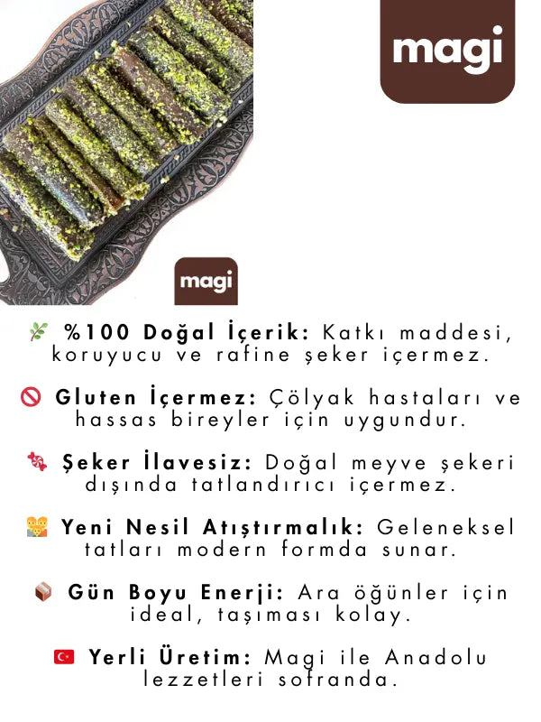 Magi Glutensiz Rulo Pestil –Şekersiz Fındık Ezmeli, Dutlu, Sade & Fıstık Kaplamalı Sağlıklı Atıştırmalık magi