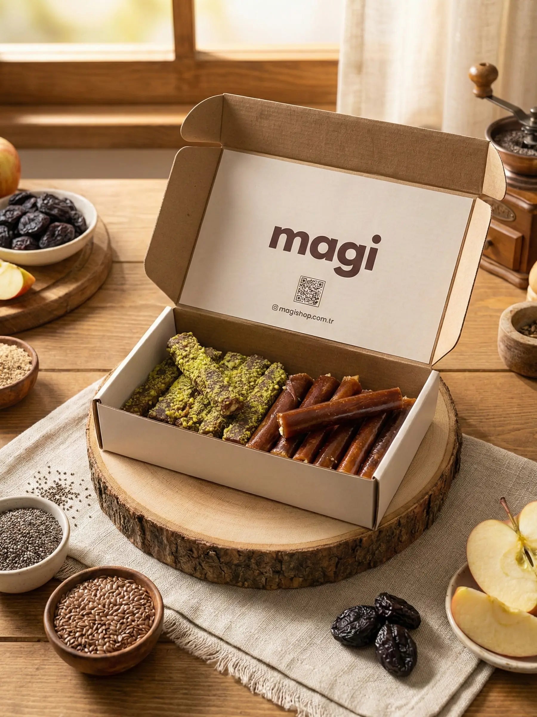Magi Glutensiz Rulo Pestil –Şekersiz Fındık Ezmeli, Dutlu, Sade & Fıstık Kaplamalı Sağlıklı Atıştırmalık magi