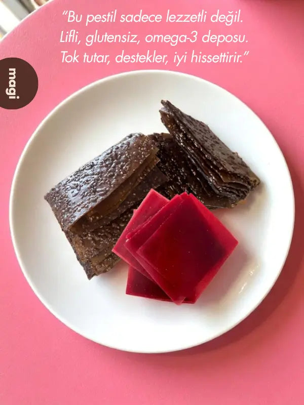 Magi Glutensiz & Şekersiz Mürdüm Erikli & Chia ve Keten Tohumlu Elmalı Pestil 400g – , magi