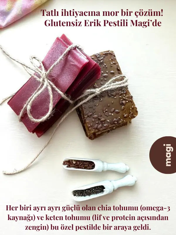 Magi Glutensiz & Şekersiz Mürdüm Erikli & Chia ve Keten Tohumlu Elmalı Pestil 400g – , magi